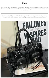 Detail of black glossy leather tote bag showing 38x10x20cm size and adjustable strap