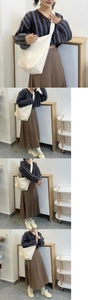 Vertical collage showing a white oversized soft leather tote bag styled with a striped sweater
