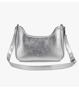 Detailed close-up showing the metallic crinkled silver texture of the stylish hobo bag