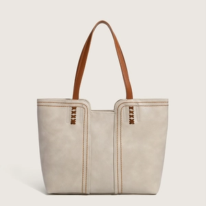 Women Large Capacity PU Leather Tote Bag Vintage Minimalist Contrast Color Shoulder Bag Commute Handbag Large Capacity