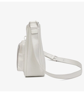 Side view of white minimalist PU leather crossbody bag with adjustable silver hardware