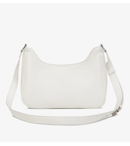Detail of white leather half-moon shoulder bag showing silver metal buckle and texture