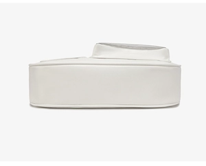 Detailed side view showing structured white faux leather texture and clean stitching of the bag