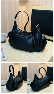 Detailed views of a black retro leather shoulder bag with zipper pockets and wide strap
