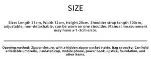 Size chart showing 31x12x20cm dimensions and 100cm adjustable strap for tote bag