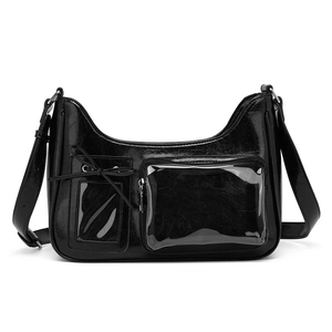 Black vintage glossy leather crossbody bag with 2D design and transparent pockets