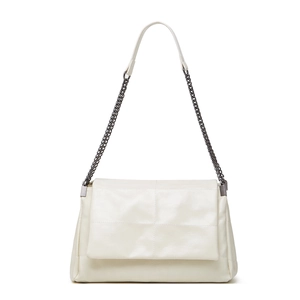 Quilted beige shoulder bag with metal chain strap and minimalist urban flap design