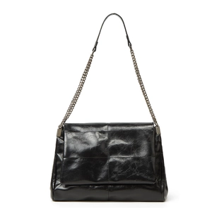 Black glossy oil wax leather tote bag with chain strap and vintage stitching
