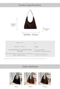 Tableau des tailles du grand sac en PU mat avec dimensions 39x25x10cm et couleurs