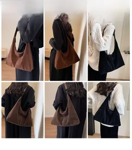 Vues multiples du grand sac cabas en daim mat marron et noir porté par un mannequin