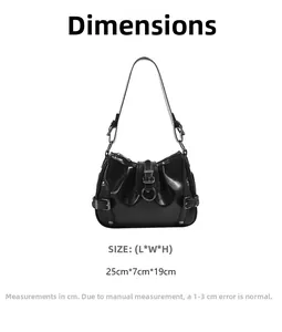 Detailed size chart showing dimensions 25x7x19cm for the black motor bag
