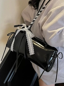 Women Balletcore Underarm Baguette Bag Shiny PU Leather Shoulder Bag With Lace Bow Ribbon Decoration Fashion Chic Handbag