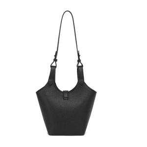 Minimalistische schwarze Damen-Eimertasche aus Leder mit feiner Lychee-Narbung