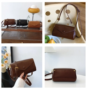 Detail view of retro leather crossbody bags in dark brown, black and caramel colors