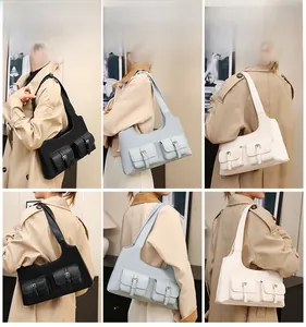Collage of multi-pocket retro motorcycle bags in black, beige, and light blue colors