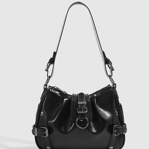 Women's Y2K Punk Moto Style PU Leather Underarm Bag Glossy Black Shoulder Bag With Metal Buckles Rivets Trendy Commuting Bag