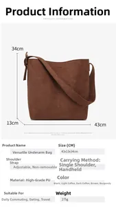 Detailed size chart of large brown faux suede tote bag with 43x13x34cm measurements