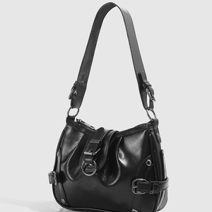 Modern black leather biker style shoulder bag with metallic buckle and rivet details