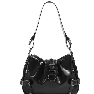 Chic black patent leather underarm shoulder bag with silver metal buckles on white background