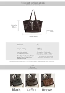 Size guide for leather tote bag showing dimensions and black brown coffee color options