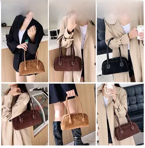 Collage of model styling minimalist suede shoulder bags in brown and black hues
