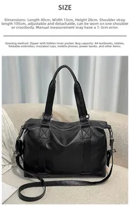 Detailed size guide for the black PU leather tote bag with strap dimensions and capacity