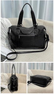 Detailed multi-angle views of a black large capacity travel bag with litchi texture finish