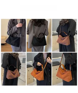 Styling of vintage matte shoulder bag in black, dark brown, and orange color options