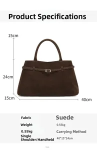 Guide des dimensions pour grand sac cabas marron mat montrant taille et poids total