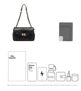 Detail of black quilted leather bag showing capacity for phone and daily items