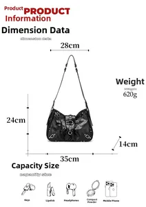 Detailed size guide of black motorcycle tote bag with silver studs and dimensions