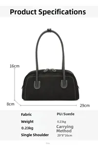 Detailed dimensions for black shoulder bag with PU and suede patchwork finish