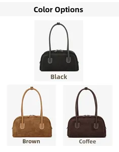 Detail showing suede shoulder bags with contrast stitching in black, tan and coffee colors