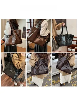 Collage of model carrying a large vintage PU leather tote bag in various outdoor settings