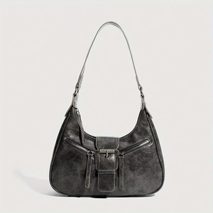 Sac bandoulière en cuir PU gris vieilli avec fermetures éclair vintage et sangle réglable