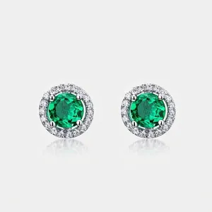Orecchini a Bottone in Argento Sterling 925 con Smeraldo di Laboratorio Tondo Gemma Verde Halo Strass Gioielli Retro Eleganti Donna