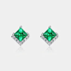 Princess Cut Lab-Grown Emerald Stud Earrings 925 Sterling Silver Vintage Geometric Green Gemstone Earrings For Women Jewelry Gift