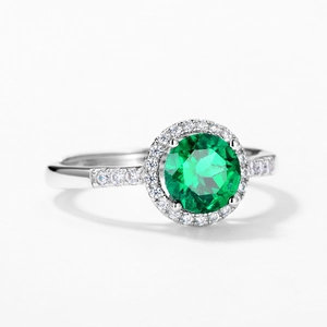 Luxury S925 sterling silver halo ring with a round green emerald and cubic zirconia