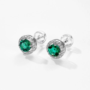 Orecchini a lobo in argento S925 con pietra preziosa verde smeraldo taglio rotondo