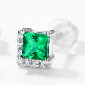 Elegant S925 silver stud earrings with square-cut emerald and sparkling halo accents