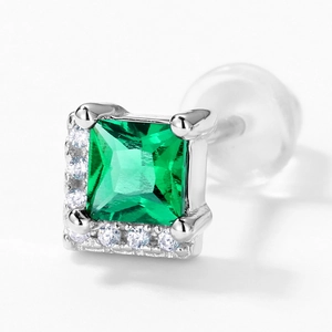 S925 silver stud earring with square emerald and pave diamonds in a 45-degree view