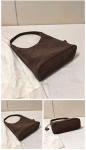 Dettagli della grande borsa hobo in camoscio marrone scuro con ampio spazio per il lavoro