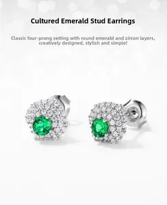 Detail of lab-grown emerald stud earrings featuring a four-prong setting and zircon halo