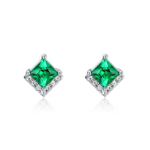 Princess cut emerald green stud earrings in S925 sterling silver with halo diamonds