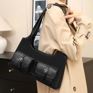 Vintage black PU leather shoulder bag with dual front pockets and silver buckles