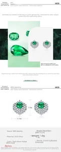 Detail specifications of heart-shaped S925 silver earrings with lab-grown emeralds