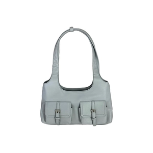 Retro light gray motorcycle shoulder bag with trendy double pocket design and matte finish