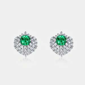 S925 Sterling Silver Lab Grown Emerald Stud Earrings For Women Luxurious Round Zirconia Halo Earrings Vintage Fine Jewelry
