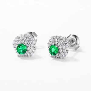 Vintage S925 sterling silver emerald stud earrings with halo diamond cluster setting