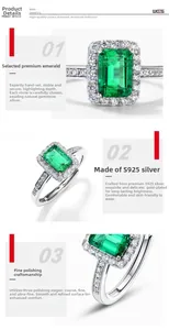 Detail view showing emerald cut green stone set in S925 silver with micropave diamonds